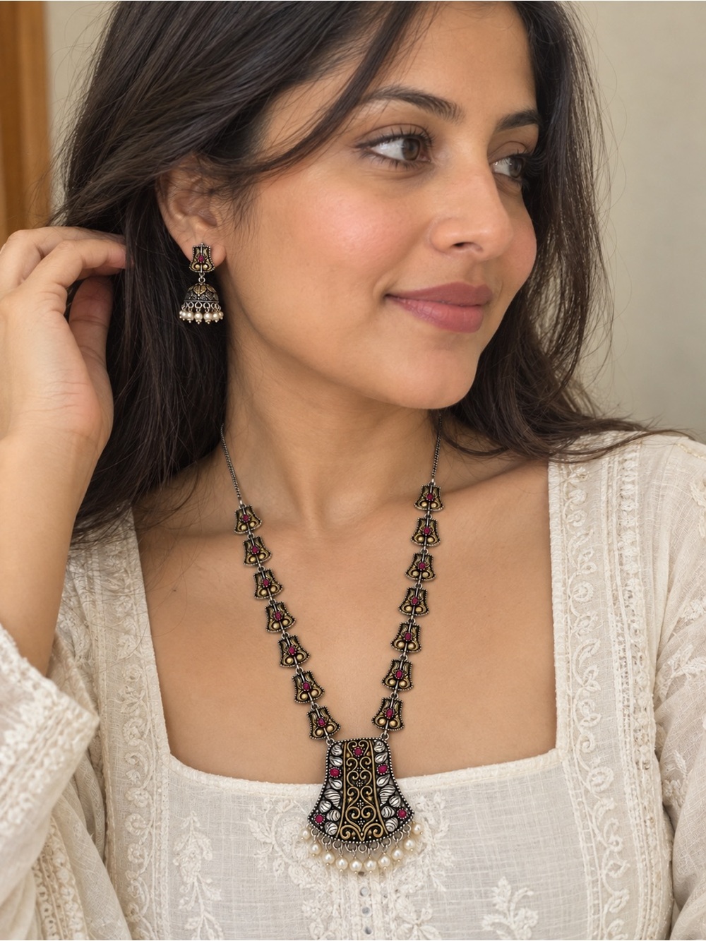 Vintage Style Indian Jhumka Necklace & Earrings Set Oxidized Silver Gold Tone Pi - Picture 8 of 10